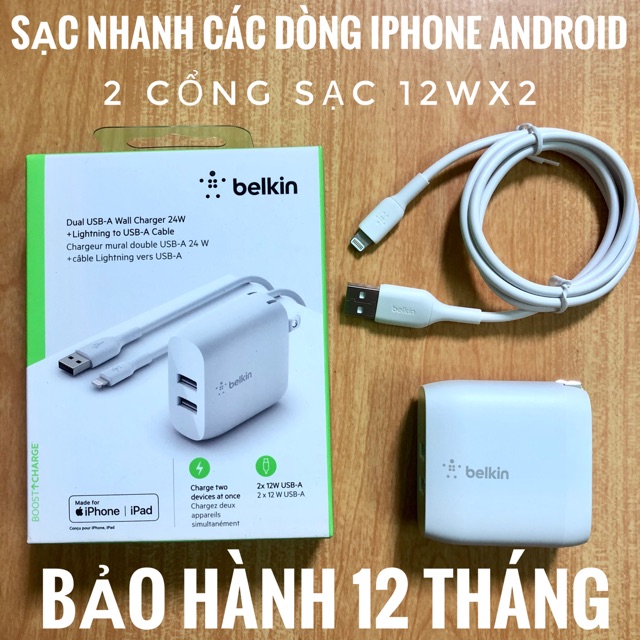 [CHÍNH HÃNG BELKIN] SẠC NHANH IPHONE ANDROID 2 CỔNG