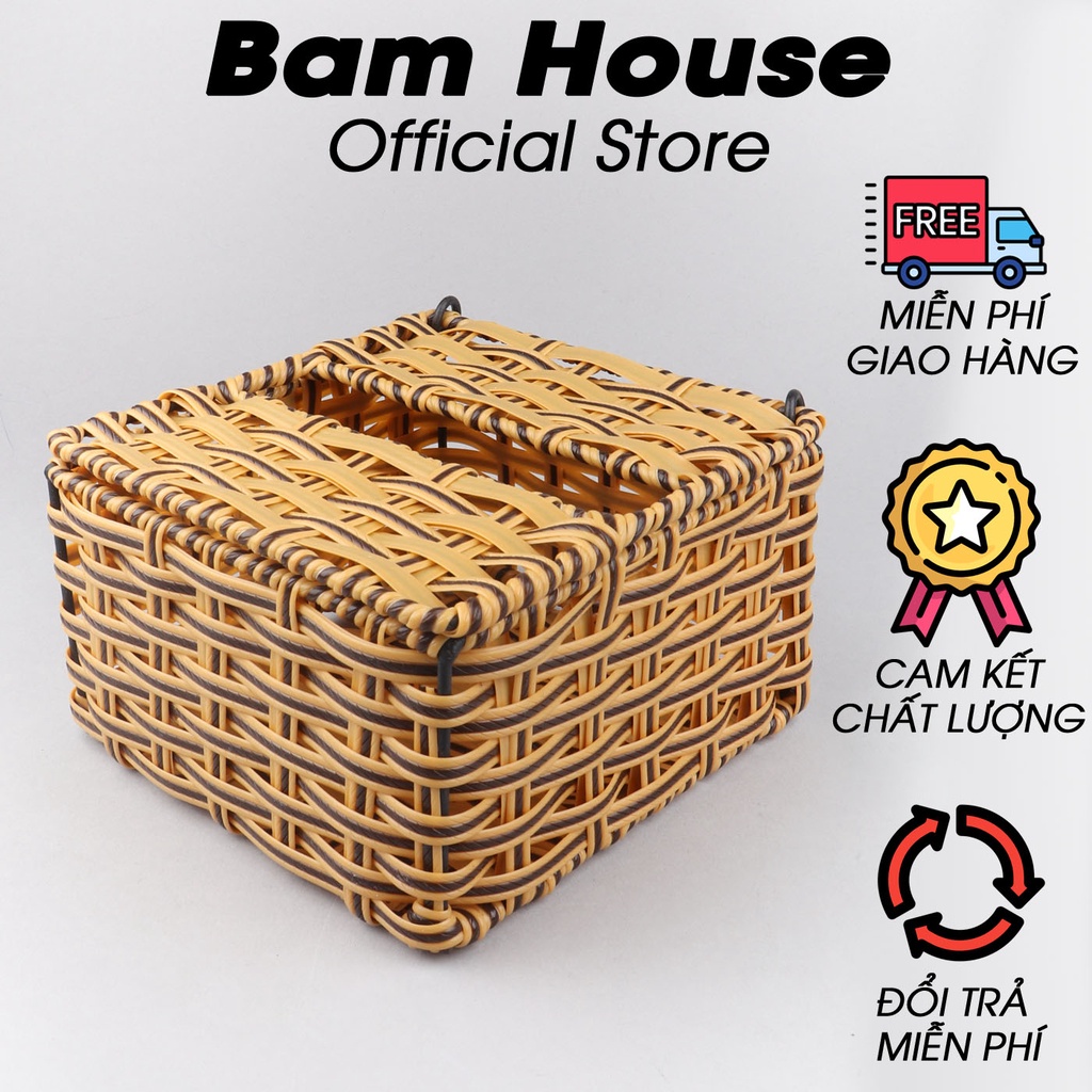 Hộp đựng khăn giấy nhựa mây Bam House dạng vuông cao cấp KI01 – Gia dụng bếp
