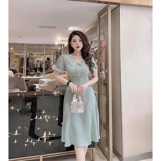 Đầm chấm bi cổ sen viền trắng chất lụa tằm siêu sang