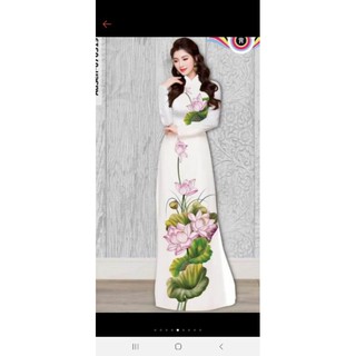 Bộ áo dài may sẵn họa tiết hoa sen màu trắng (cổ truyền thống tay dài)