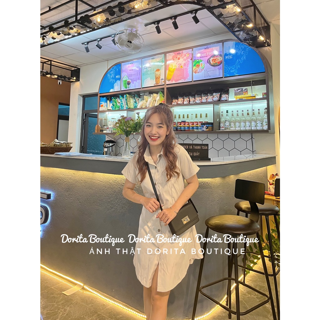 Váy sơ mi chun lưng Basic dáng Hàn, Đầm sơ mi kaki 2 da Hàn Quốc