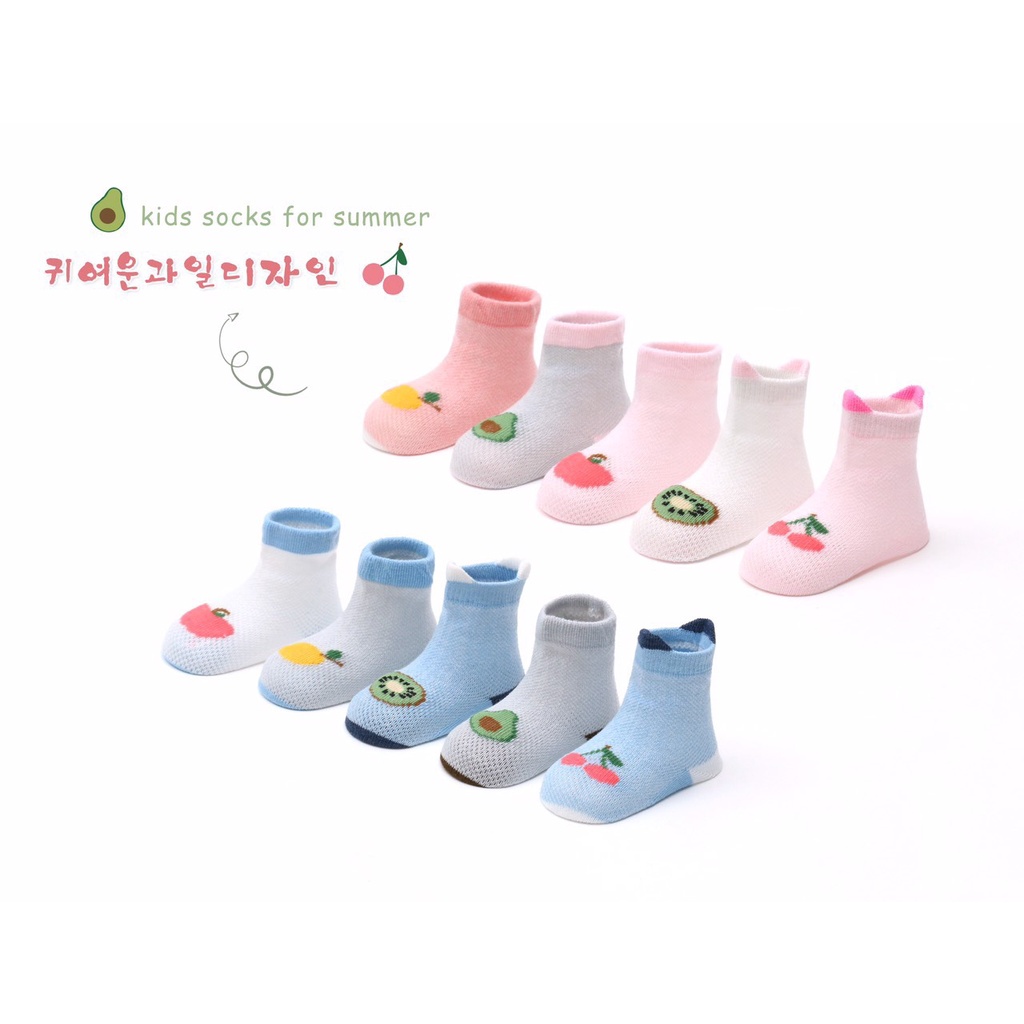 Túi 5 đôi tất lưới cao cổ hình gấu, hình hoa quả T03