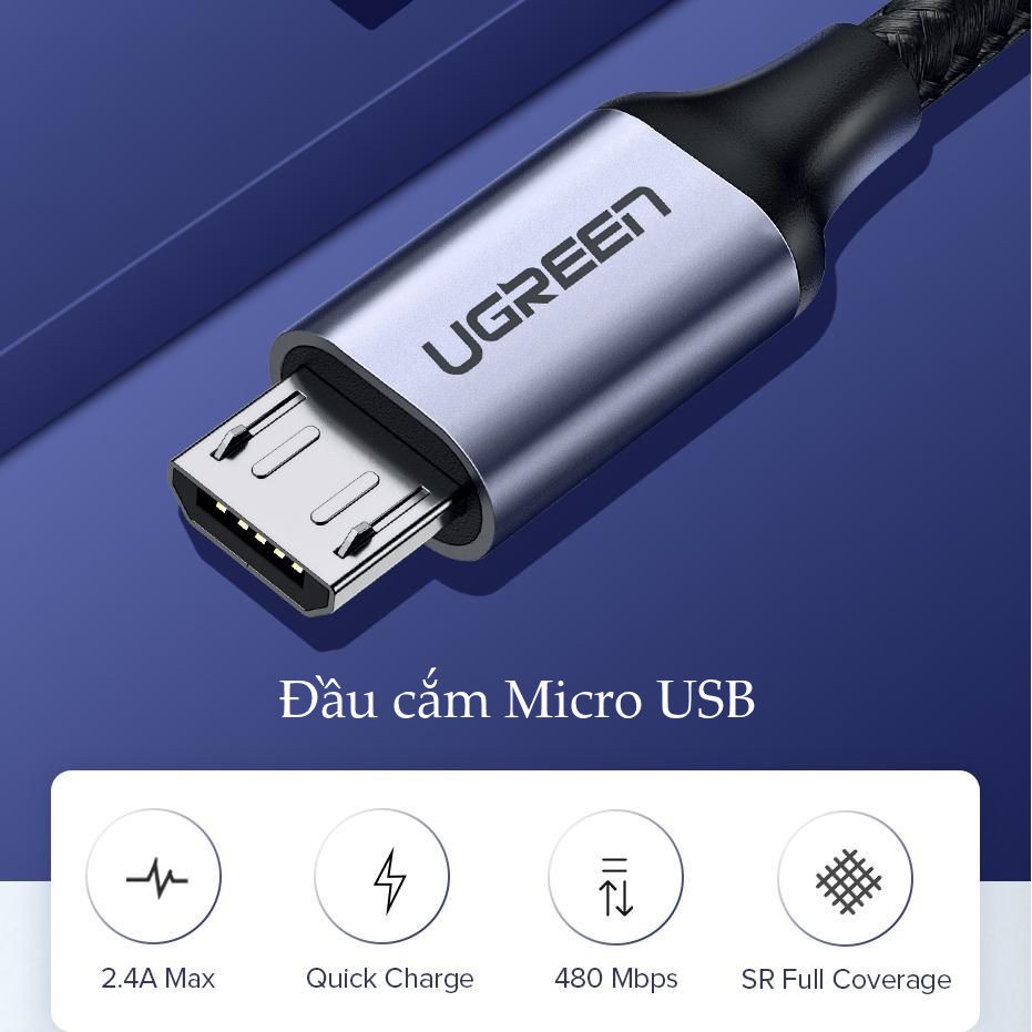 Cáp sạc và truyền dữ liệu Micro USB Ugreen 0.25- 3M, sạc nhanh QC 3.0 3A 5V, dây dù, bảo hành 18 tháng