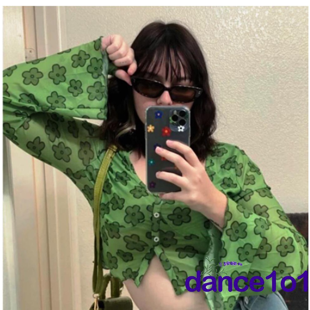 Áo Croptop Tay Loe Dài In Hoa Thời Trang Cho Nữ