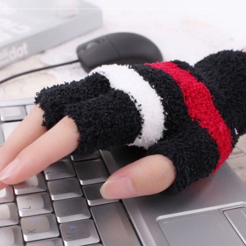 Găng Tay Sưởi Ấm Bằng Điện Usb Hở Ngón Họa Tiết Kẻ Sọc Cho Nam Và Nữ