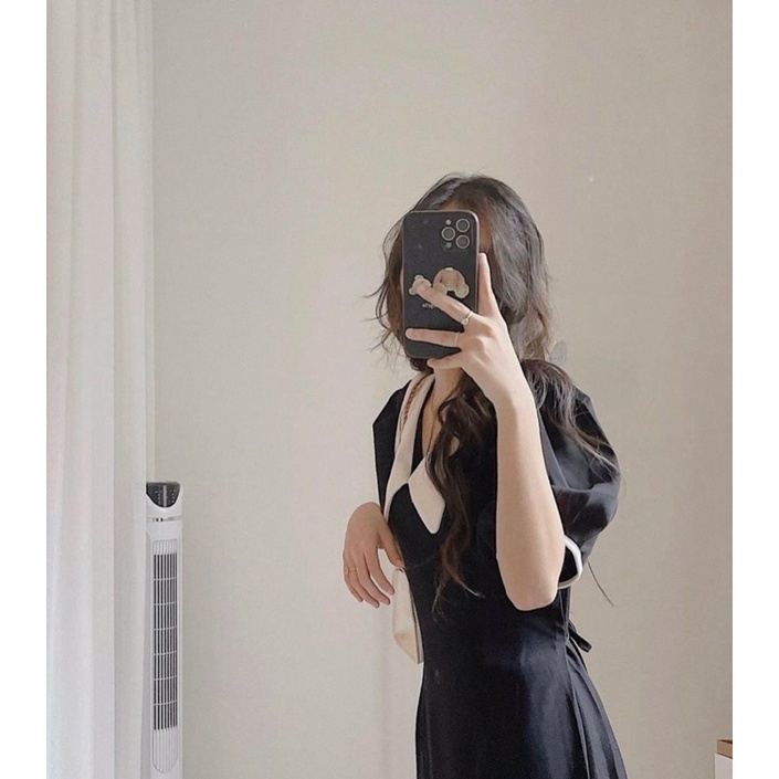 Đầm đen đi tiệc cổ trắng form dài freesize