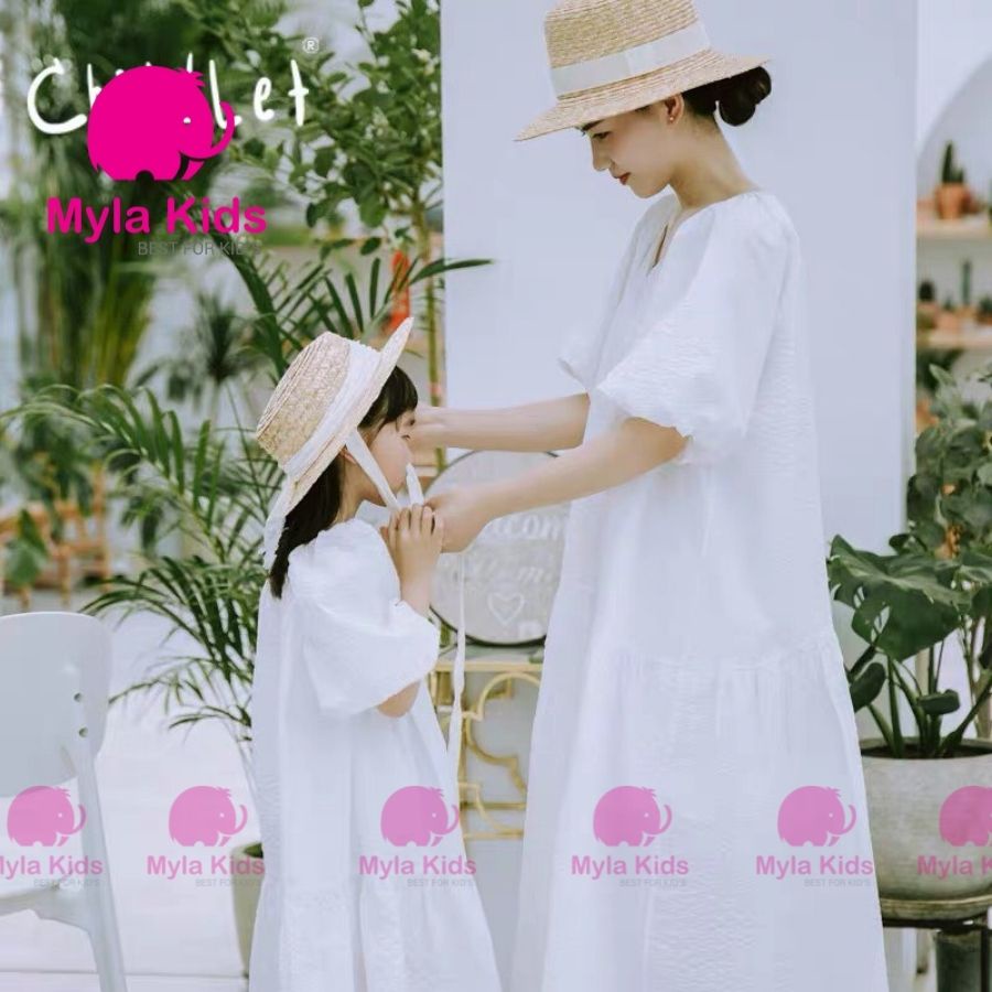 Váy đôi mẹ bé đuôi cá tay bồng màu trắng, đầm đôi mẹ bé màu trắng HRI cho bé từ 8-40kg Mylakids