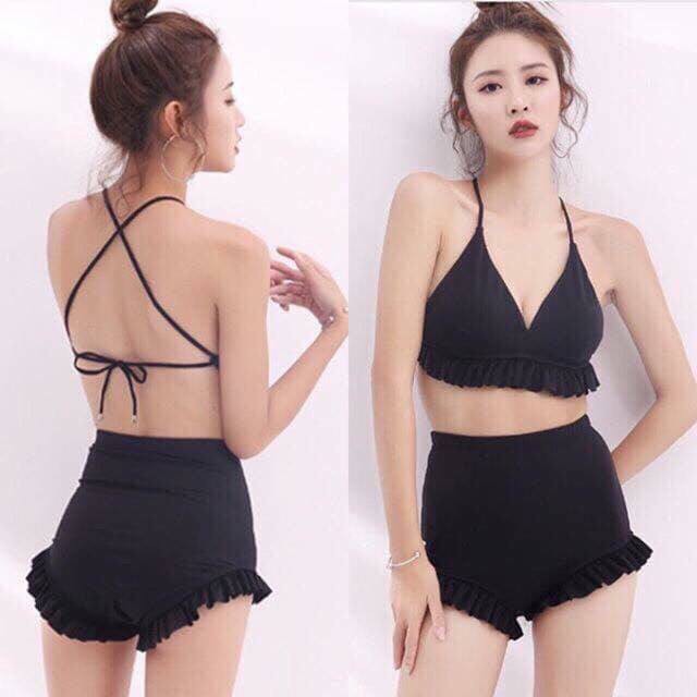Bikini Áo tắm 2 mảnh diềm đen, đỏ buộc dây lưng  -B06