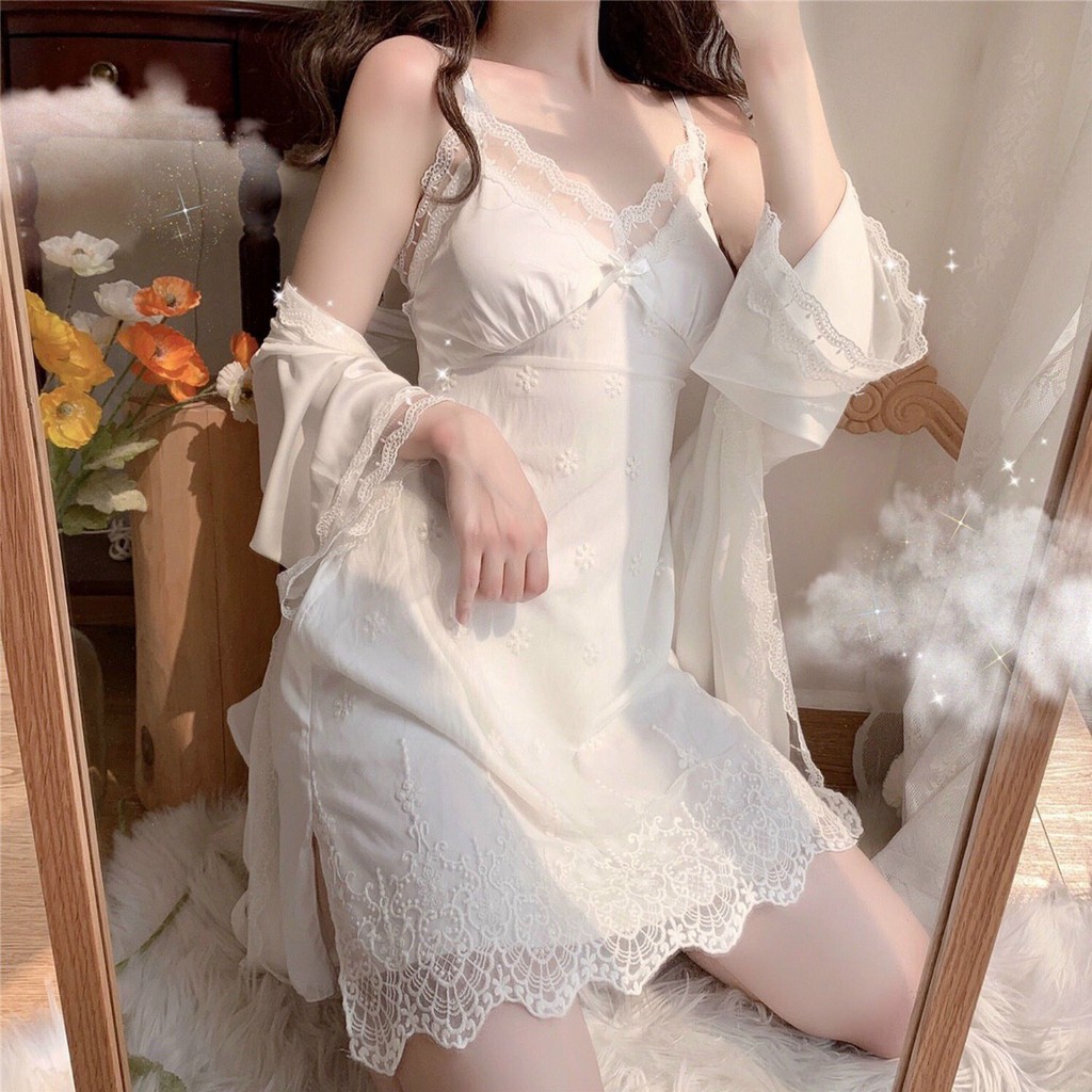 [Hàng cao cấp]Set đầm ngủ ren lụa mềm mượt kèm áo choàng - váy ngủ cao cấp lụa ren sang chảnh quyến rũ | BigBuy360 - bigbuy360.vn