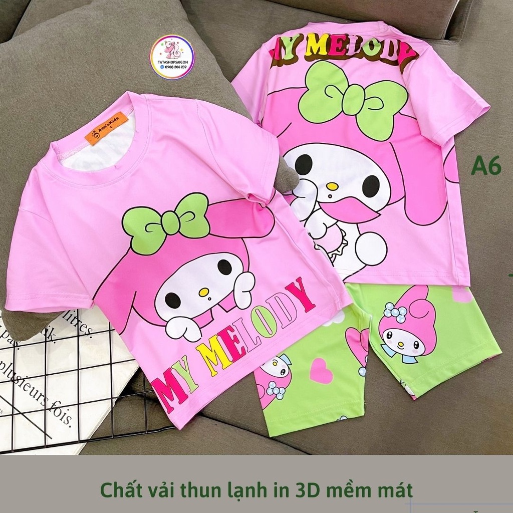 A6 Bộ thun lạnh ngố in 3D mặc nhà bé gái size đại 22 đến 40kg
