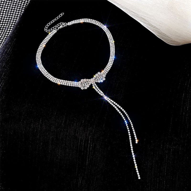 Vòng cổ chocker nữ - Dây chuyền khảm bạc S925 đính đá gắn nơ thanh lịch