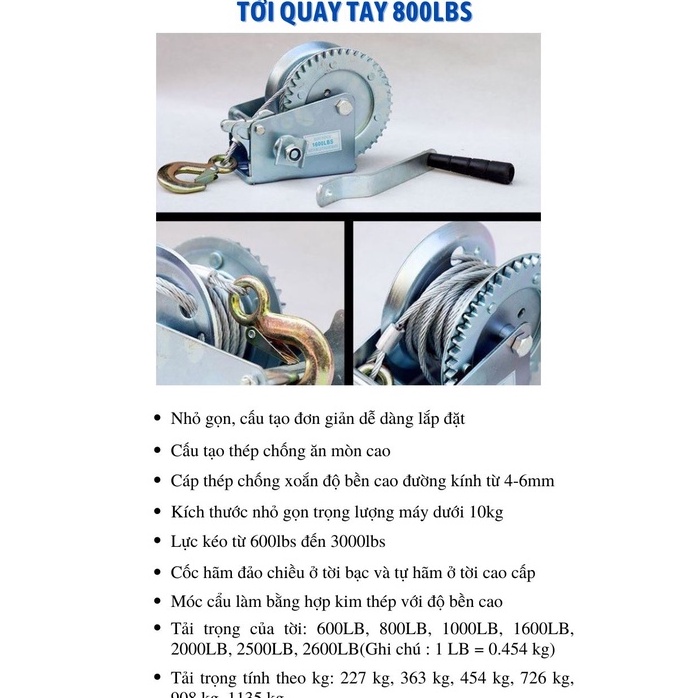 Tời quay tay 800LBS, tời kéo tay tải kéo 320Kg, tải nâng < 150kg, Có Cáp 4ly dài 6 Mét tặng kèm bản mã