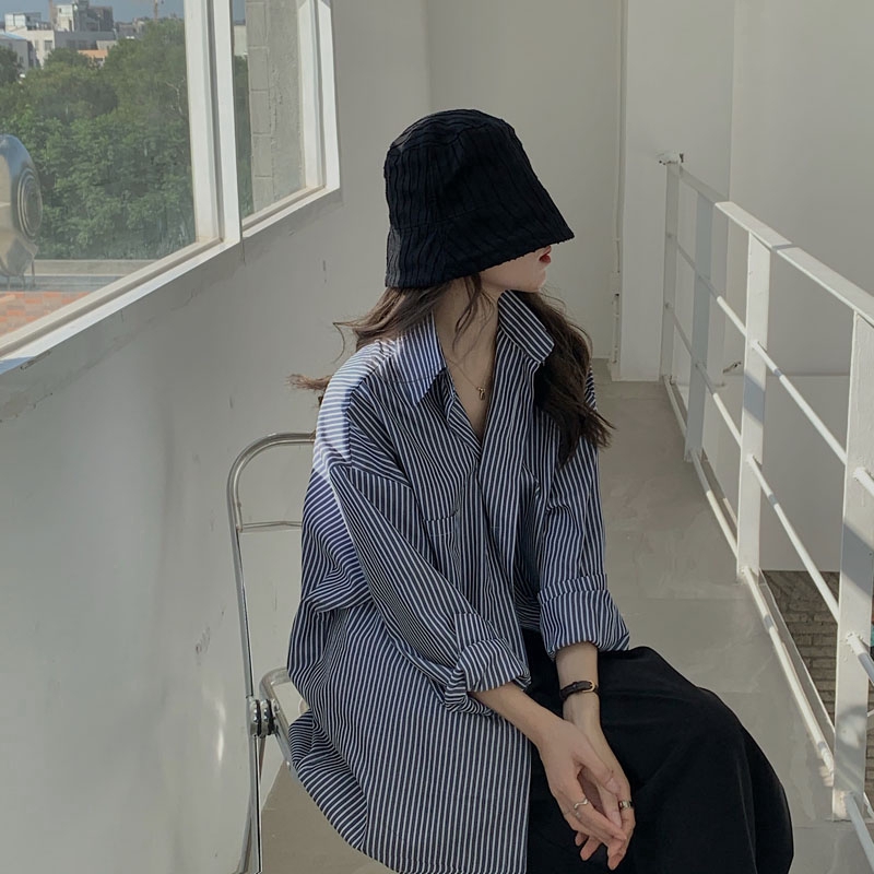 SUXI Áo Sơ Mi Nữ Tay Dài Dáng Rộng Kẻ Sọc Phong Cách Hàn Quốc