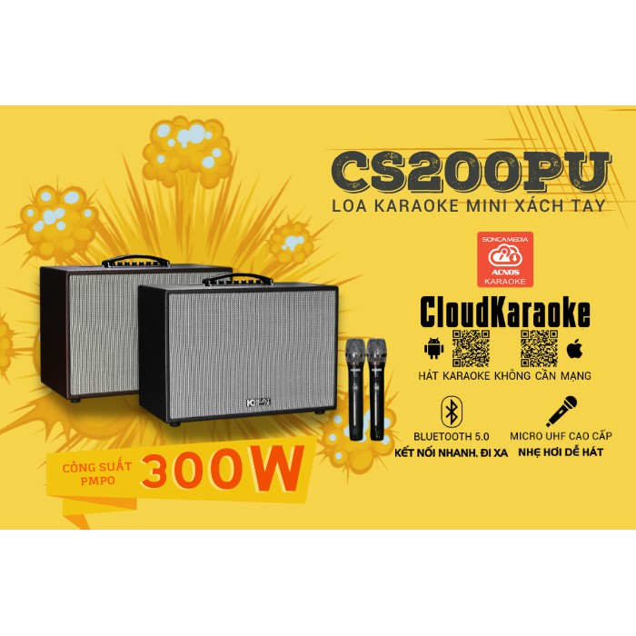 Loa Karaoke Mini Xách Tay Acnos CS200PU - Hàng Chính Hãng - Công suất PMPO 300W Âm Bass mạnh mẽ + Kèm 2 Micro UHF