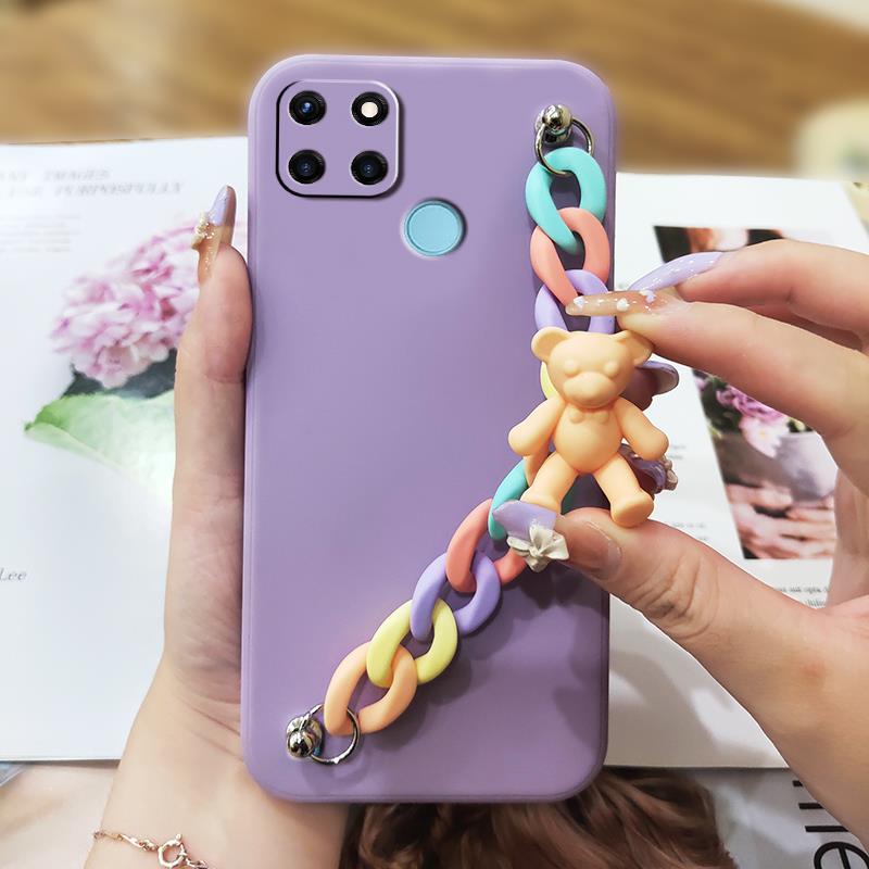 Ốp điện thoại họa tiết gấu có dây đeo bảo vệ ống kính máy ảnh cho OPPO Realme C21Y/C25Y