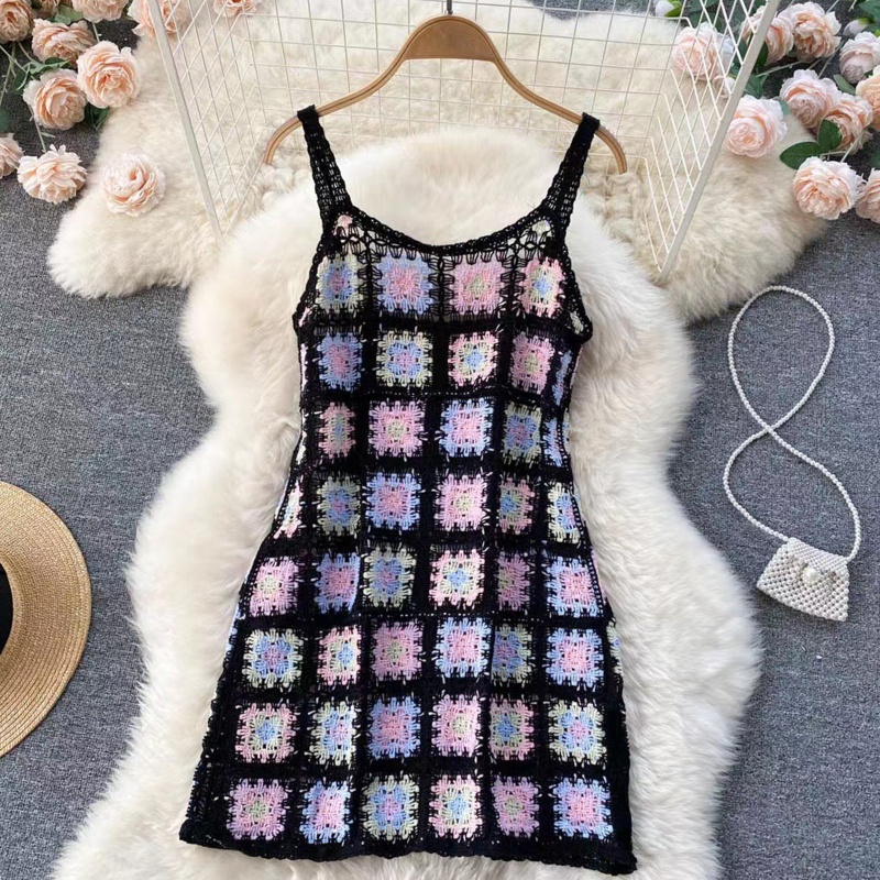 Đầm Hai Dây Dệt Kim Họa Tiết Hoa Nhiều Màu Phong Cách Boho Thời Trang Đi Biển Cho Nữ