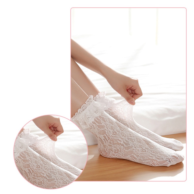 Vớ lưới cổ thấp đàn hồi phối ren hoa siêu mỏng màu trơn viền nhún bèo phong cách lolita Nhật Bản đáng yêu cho nữ