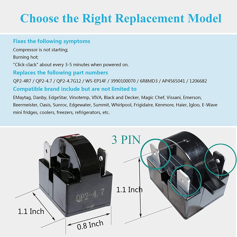 Rơ Le Khởi Động / Làm Mát 3 Pin QP2-4.7 / QP2-4R7 4.7 Ohm Cho Tủ Lạnh Mini