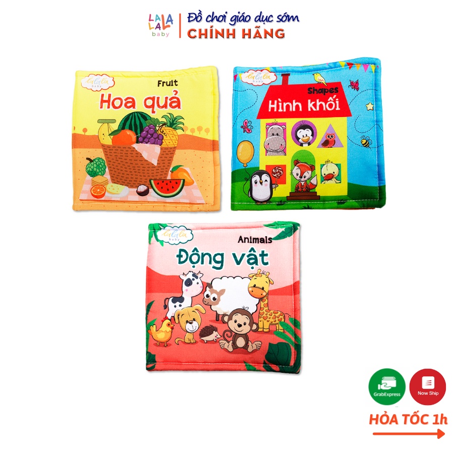 Combo 3 cuốn sách vải Lalala baby, kích thích đa giác quan, kích thước 15x15cm 12 trang (hình khối, hoa quả, động vật)