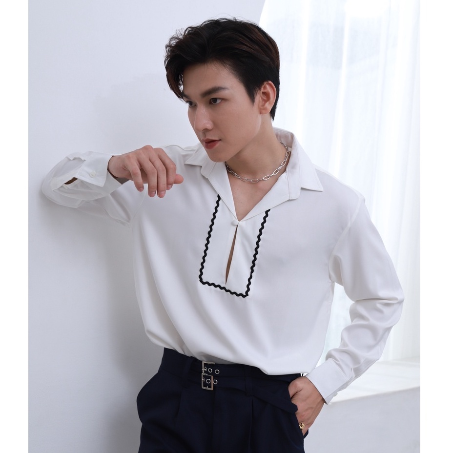 Áo Sơ Mi Nam Dài Tay Màu Trắng Phối Zigzag Thương Hiệu MrTwins®