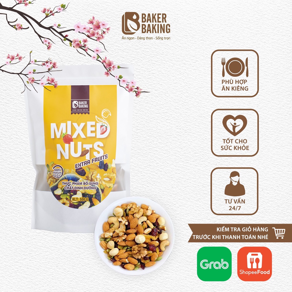 Hạt dinh dưỡng tổng hợp Mixed Nuts Baker Baking không đường có hoa quả khô bổ sung dinh dưỡng cho mẹ bầu 300-500g