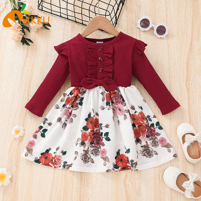 Đầm Hoa Dài Tay Thời Trang Xinh Xắn Dành Cho Bé Gái akku