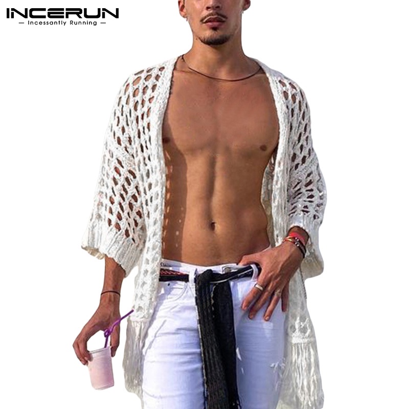 Áo khoác cardigan Incerun tay lửng dáng rộng khoét lỗ phối tua rua cá tính dành cho nam