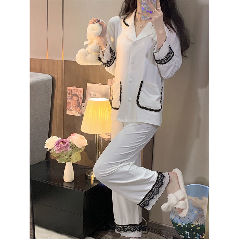 Đồ ngủ bằng vải nhung phối ren bèo nhún ngọt ngào thời trang thu đông dành cho nữ