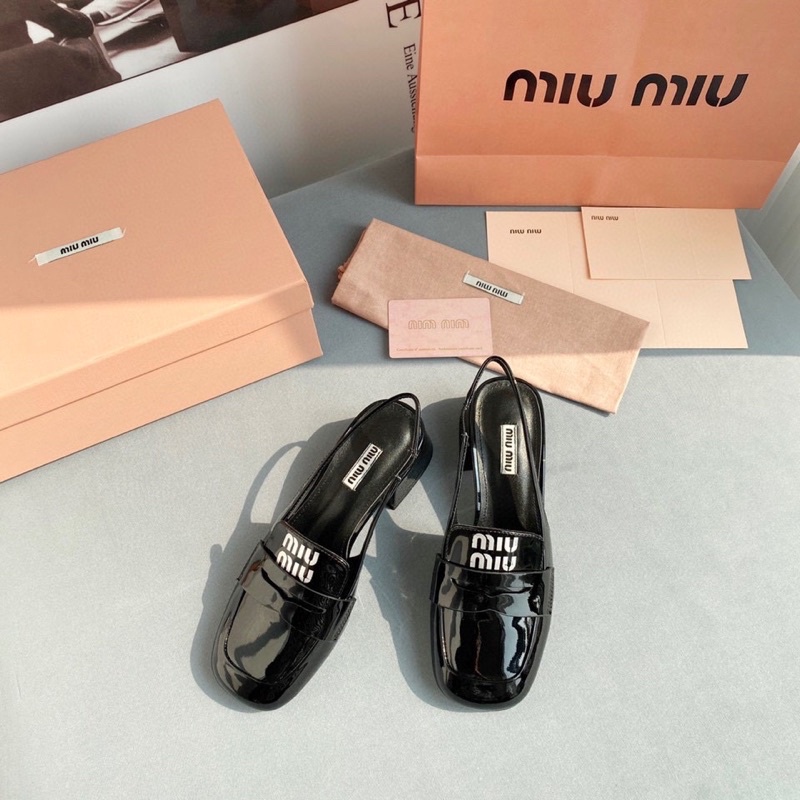 Giày cao gót mũi vuông quai hậu thương hiệu Miu Miu da thật cao cấp