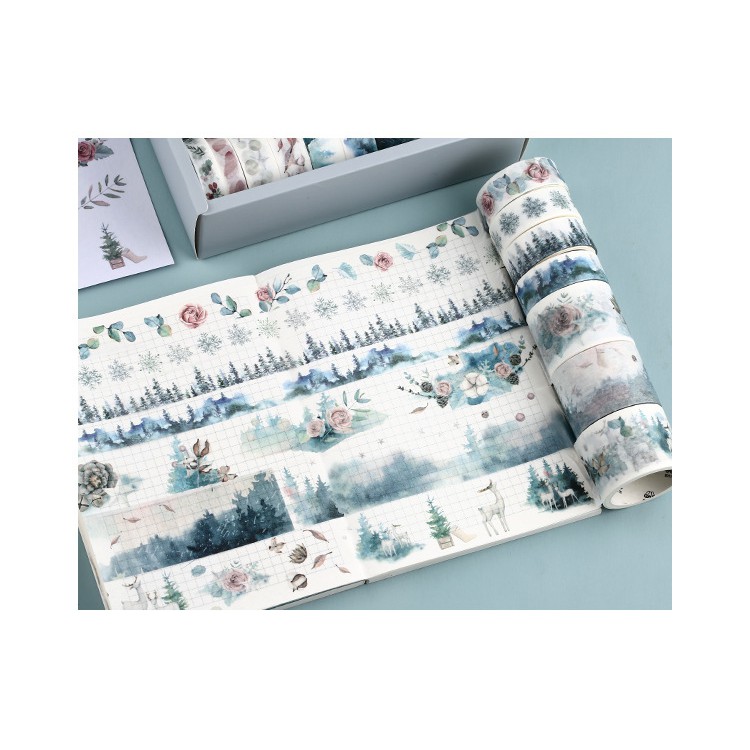HỘP 16 WASHI TAPE + 8 TẤM STICKER TRANG TRÍ SCRAPBOOK, PLANNER