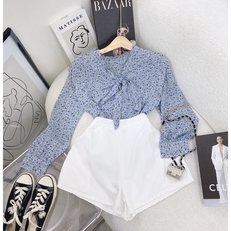 SET ÁO HOA THẮT NƠ + SHORT TRẮNG