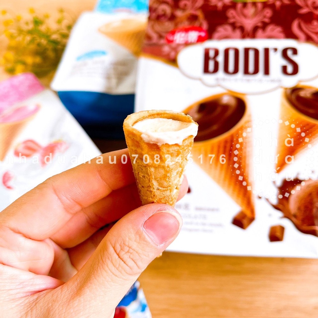 Một gói bánh ốc quế nhân kem sữa vani/ dâu/ socola Bodis Hongkong siêu ngon đầy kem gói lớn 188gam tầm 14 cái