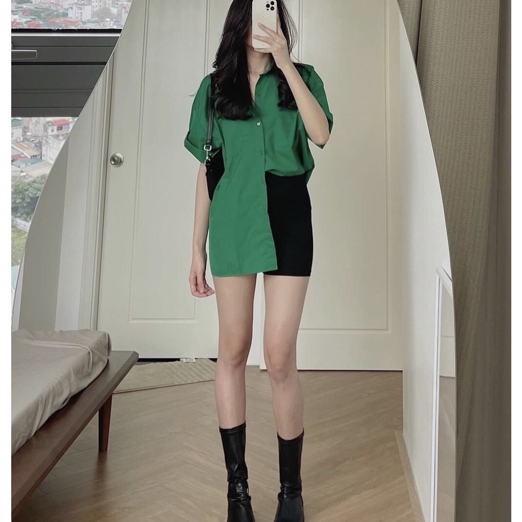 Áo sơ mi form rộng ngắn tay xanh lá xanh bơ trắng hồng