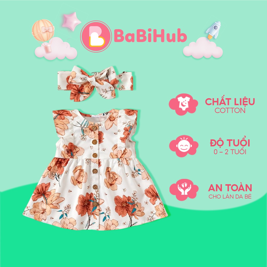 Váy cho bé gái mùa hè kèm băng đô, Váy hoa nhí cho bé gái 0-2 tuổi liền thân chất cotton mềm mại thoáng mát _19785733