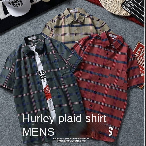 Áo khoác sơ mi tay ngắn dáng rộng họa tiết sọc caro thời trang cho nam