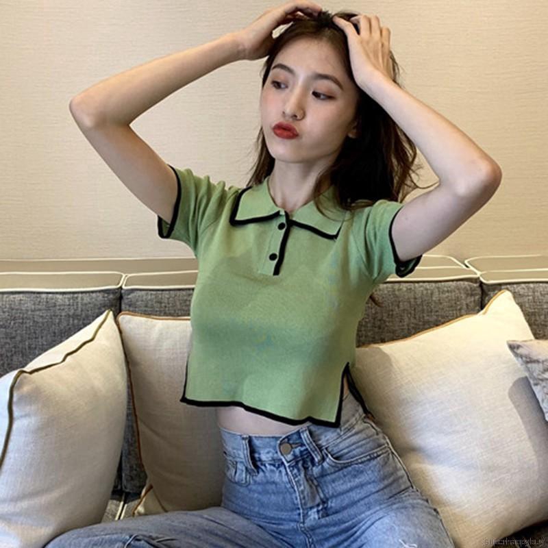 Áo thun dệt kim nữ tay ngắn phối màu thời trang