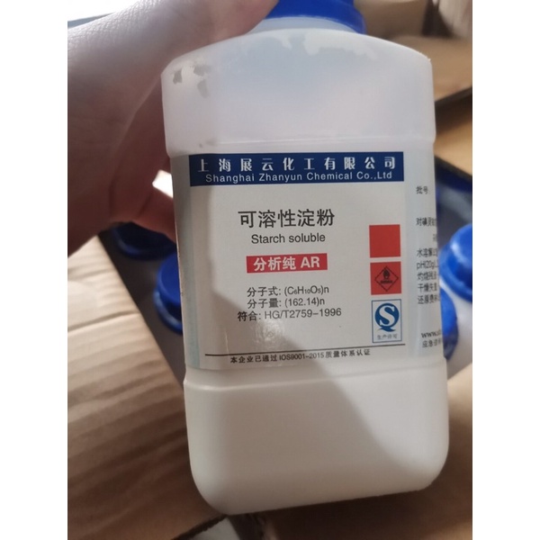 Tinh bột starch soluble CAS 9005-84-9 (C6H10O5)n lọ 500g hồ tinh bột