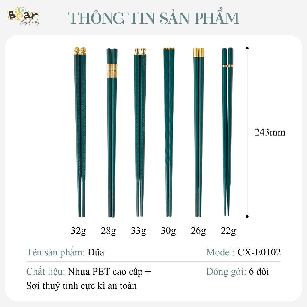 Bộ đũa nhựa phủ Nano Bear 6 đôi kháng khuẩn, chất liệu an toàn CX-E0102