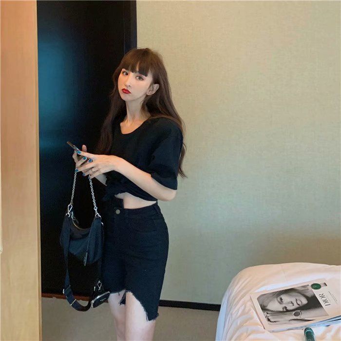 Quần short denim lưng cao ống suông phối rách thời trang mùa hè dành cho nữ