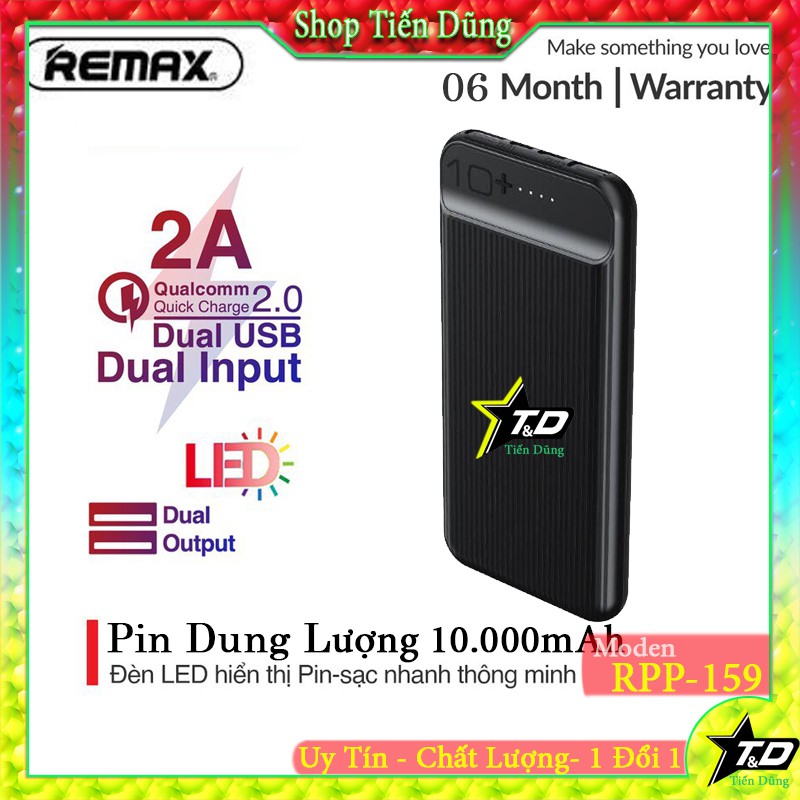 Sạc dự phòng remax rpp-159 dung lượng 10.000mAh hỗ trợ 2 cổng vào và 2 cổng ra