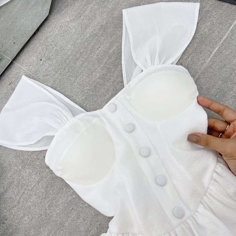 Đầm Trắng Tay Tiên Nút Bọc Mặc 2 Kiểu