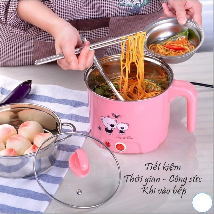 Ca nấu Mì Đa Năng Siêu Tốc, Nồi Lẩu Điện Mini 18cm Kèm Giá Hấp Trứng Thông Minh