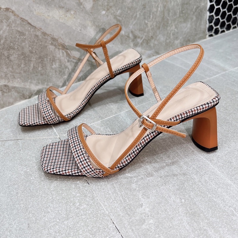 Sandal công sở phối màu độc lạ - sandal dây caro đẹp lạ gót 5p xuất sắc -01