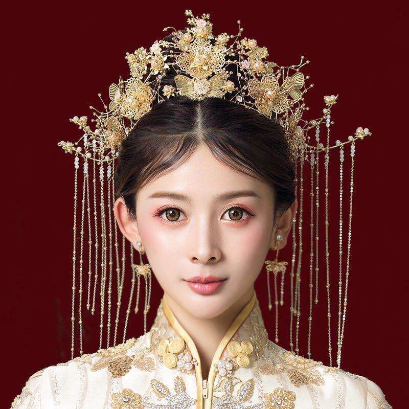[Aishang Trang Sức Đẹp] Vương Miện Phượng Hoàng Vàng Trung Hoa Cổ Điển Tua Rua Dài Trang Phục Cưới Xiuhe Cho Cô Dâu