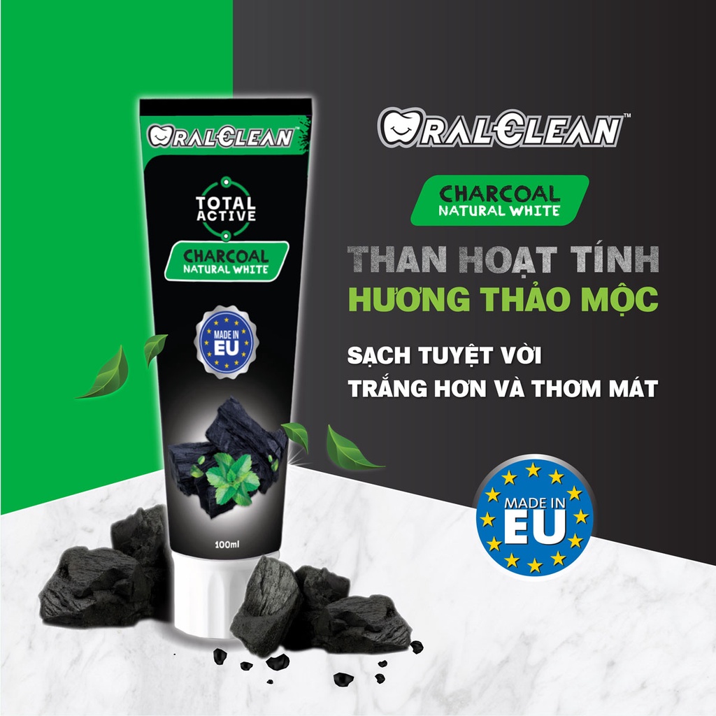 Combo 2 kem đánh răng Oral-Clean Total Active Charcoal Natural White (100ml/tuýp)