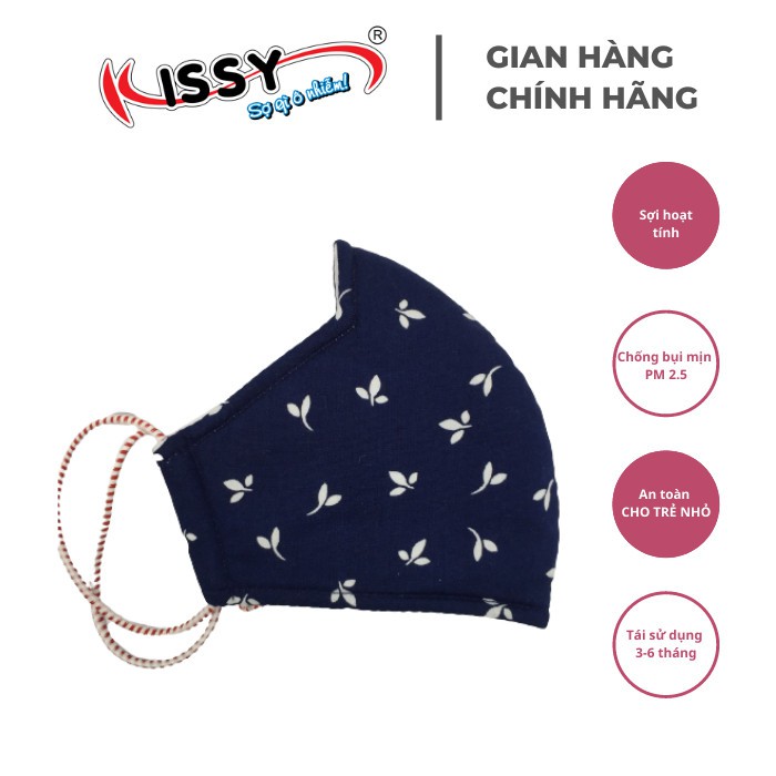 Khẩu trang vải 3 lớp Kissy người lớn size M cho nữ họa tiết hoa cúc trắng nền xanh chống nắng và chống bụi mịn hiệu quả