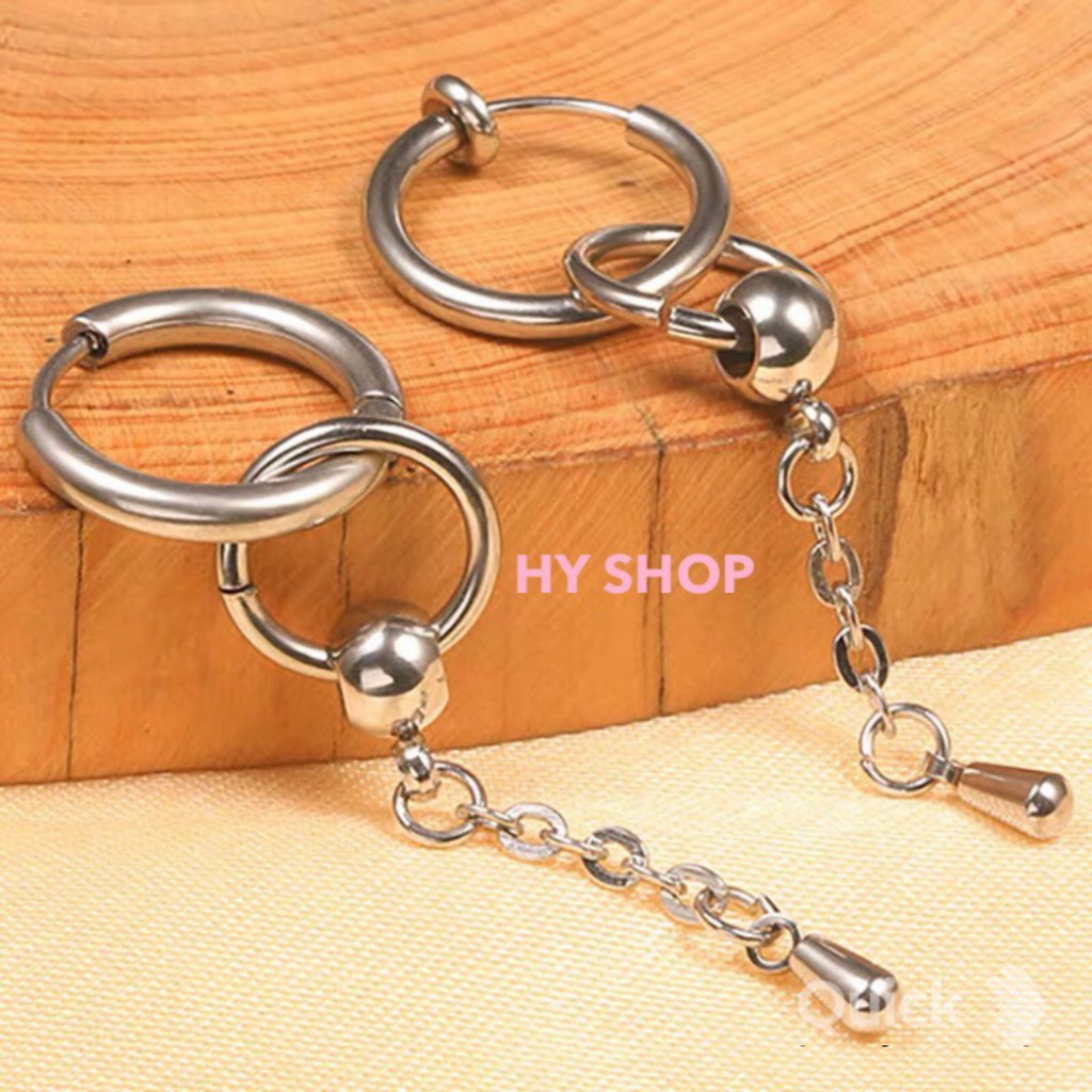 bông kẹp tai titan 2 vòng tròn xích thép y tế không cần xỏ lỗ- Khuyên Tai Nam và nữ, Bông Tai Nam Dây Xích Cá Tính