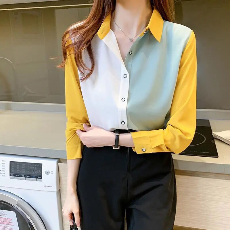 Áo Chiffon Tay Dài Dáng Rộng Phối Màu Thời Trang Hàn Quốc 2021