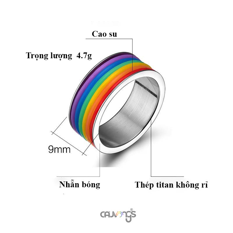 Nhẫn cầu vồng lgbt thép titan không rỉ N03 - 9mm - Đen - Bạc