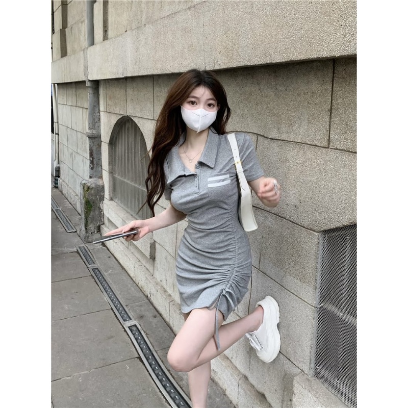 Váy polo nữ tay ngắn phối túi kẻ sọc Tabishop Đầm body chất thun gân ôm eo rút dây đi tiệc đi chơi siêu hot